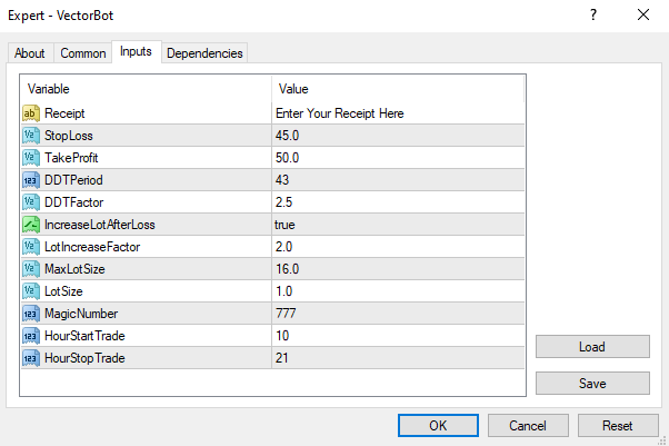 Vector inputs tab