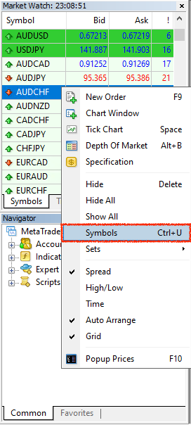 MT4 Market Watch symbols