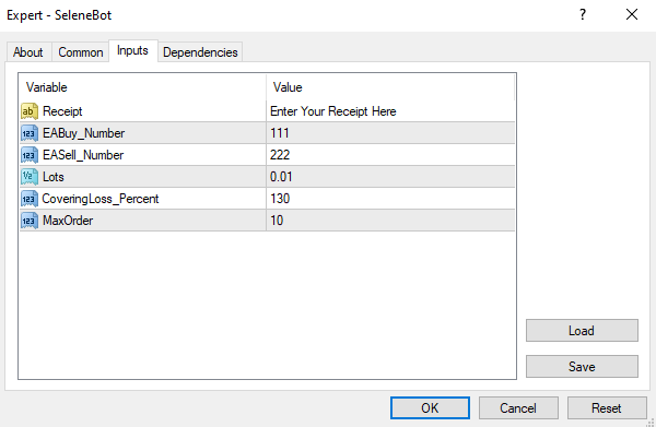 Selene inputs tab