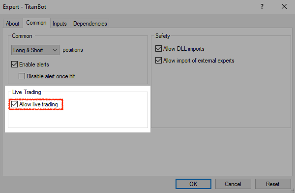 Common tab live trading checkbox